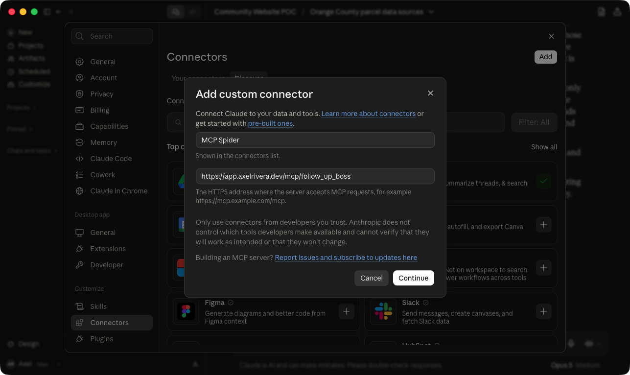 The Add Custom Connector dialog with the address filled in